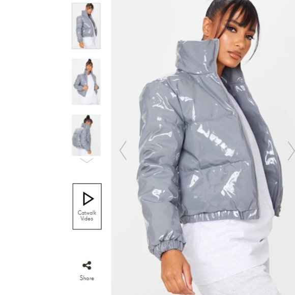 New Dark Grey Vinyl Puffer Coat Size 2 